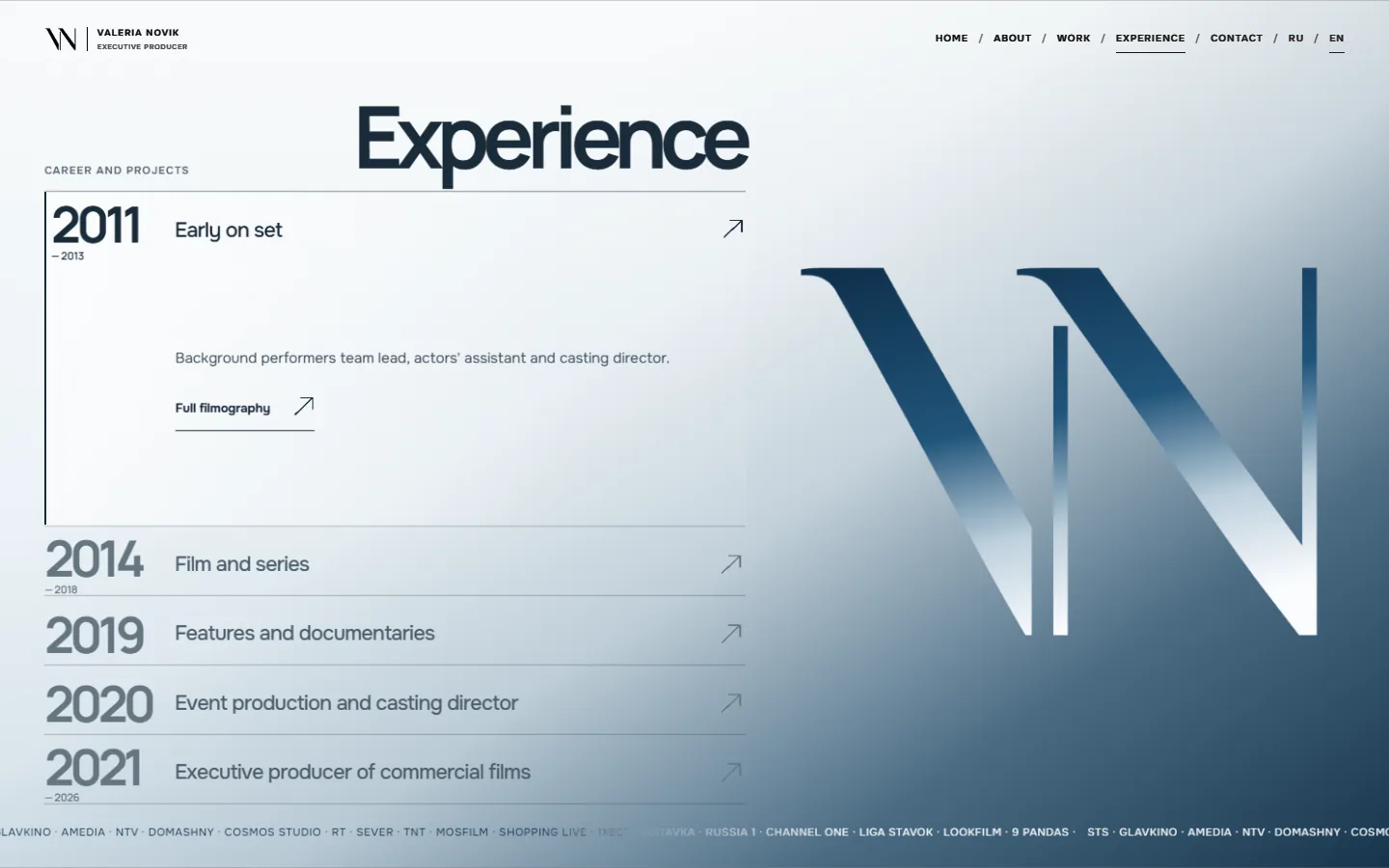 Experience section: career timeline and a ticker of channels